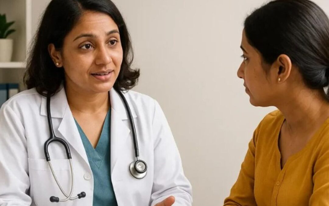 female doctor talking to patient about late-term abortion